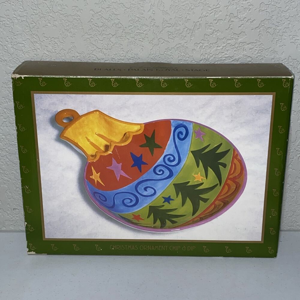 Large Christmas Ornament Holiday Party Tray Chip Dip Hand Painted Ceramic Server